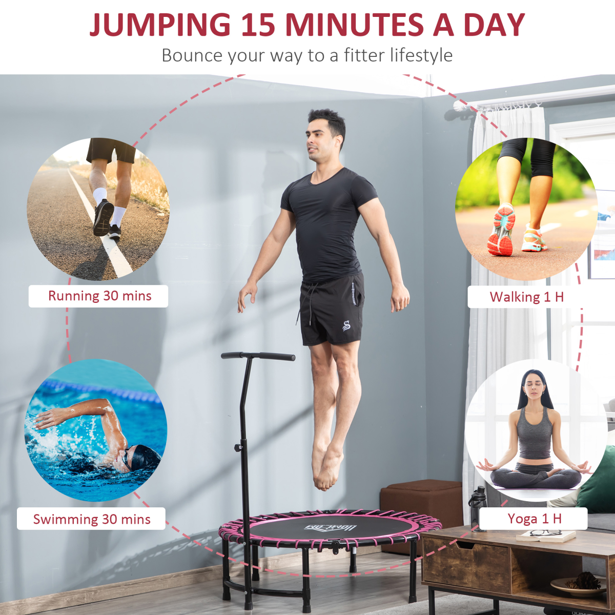 Trampoline Outdoor Bouncer Jumper Adjustable Handle Adult Kid Pink HOMCOM