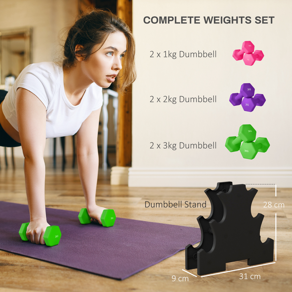 SPORTNOW Hex Dumbbells Set with Dumbbell Rack, 2 x 1kg, 2 x 2kg, 2 x 3kg