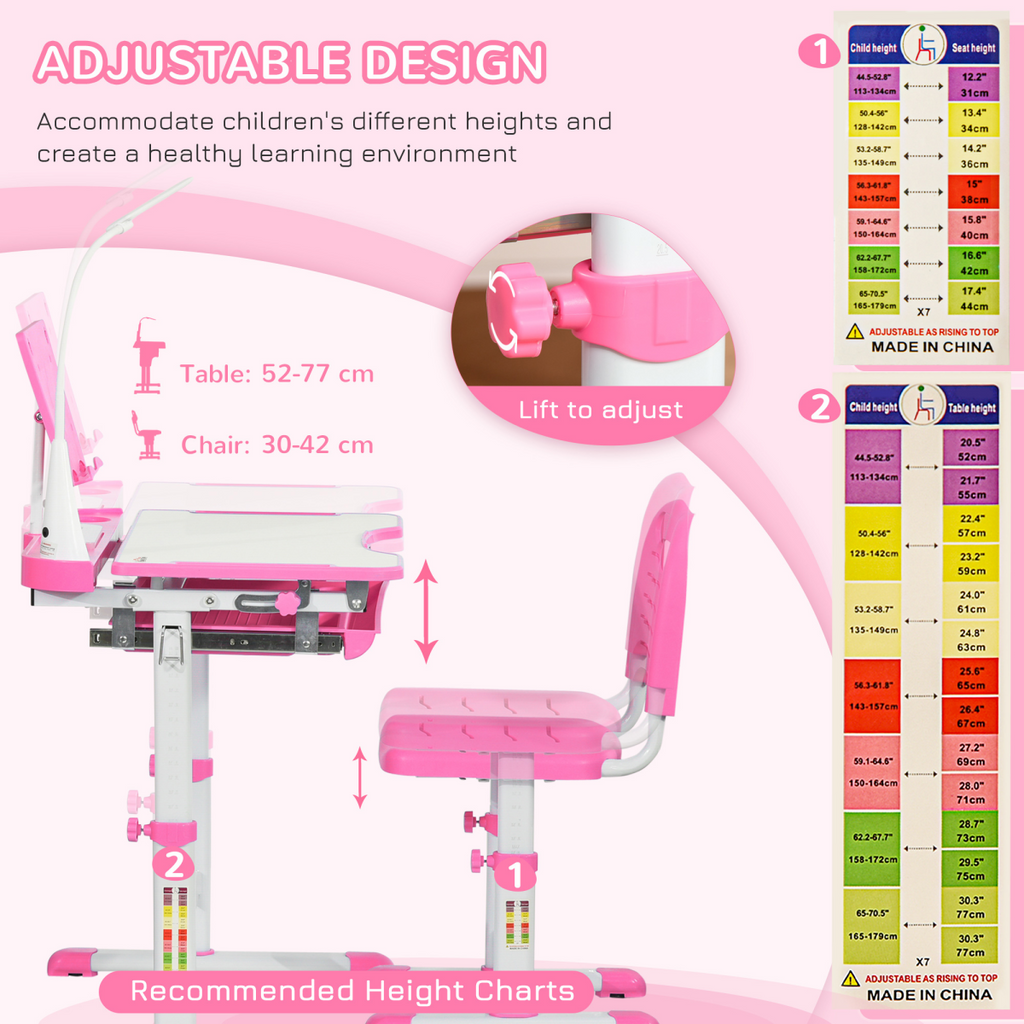 Kids Study Desk and Chair Set w/ Adjustable Height, Storage Drawer - Pink