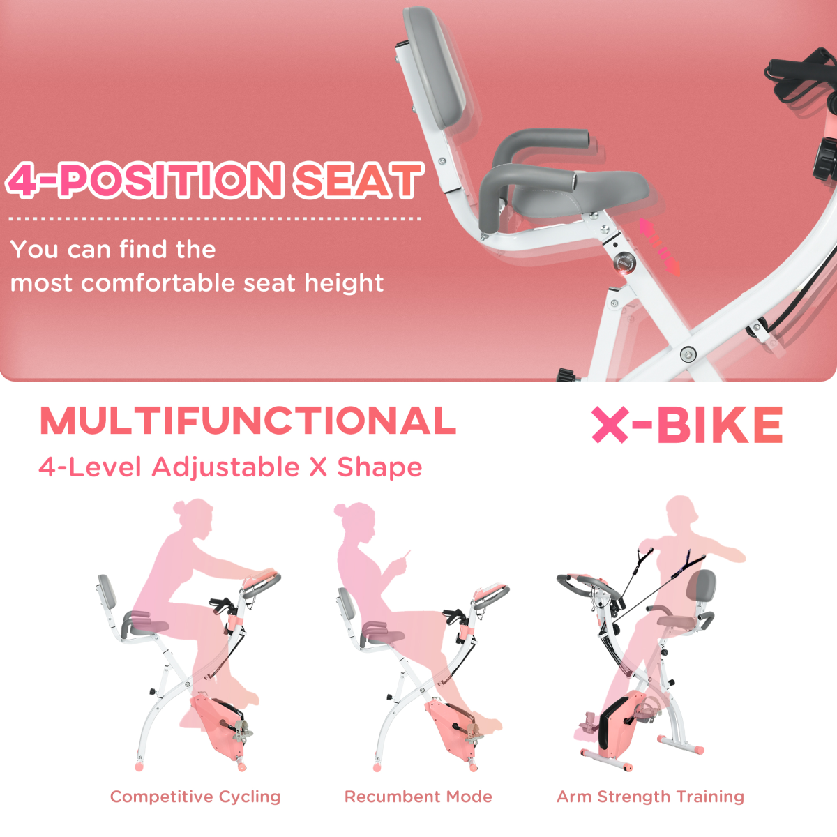 2-In-1 Upright Exercise Bike 8-Level Adjustable with Pulse Sensor Pink HOMCOM