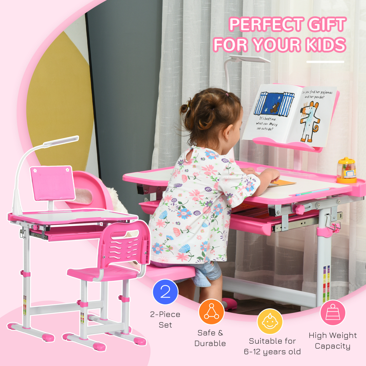 Kids Study Desk and Chair Set w/ Adjustable Height, Storage Drawer - Pink