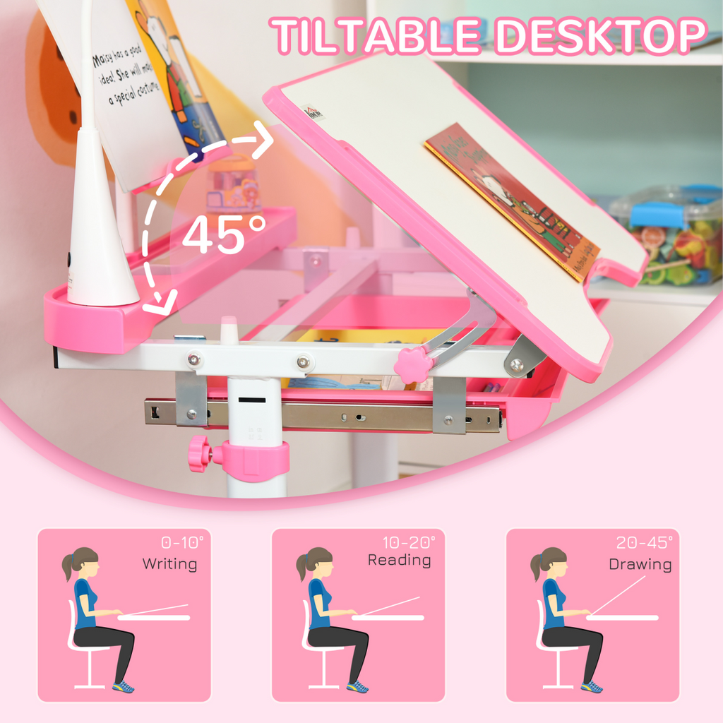 Kids Study Desk and Chair Set w/ Adjustable Height, Storage Drawer - Pink