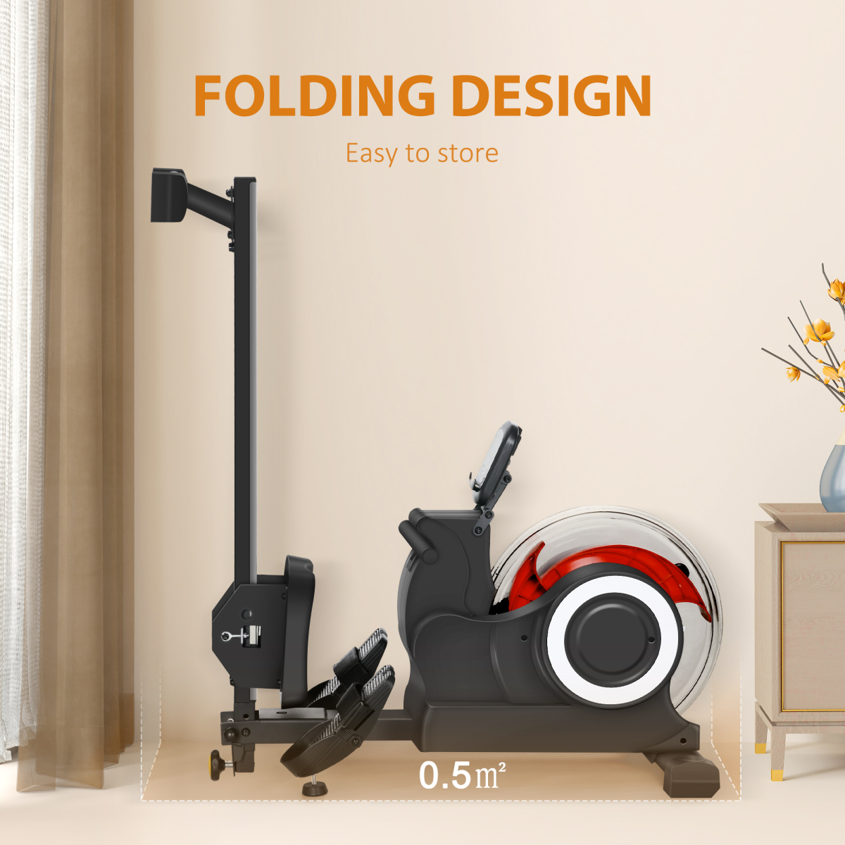 SPORTNOW Foldable Water Rowing Machine with Wheels and LCD Monitor, Black