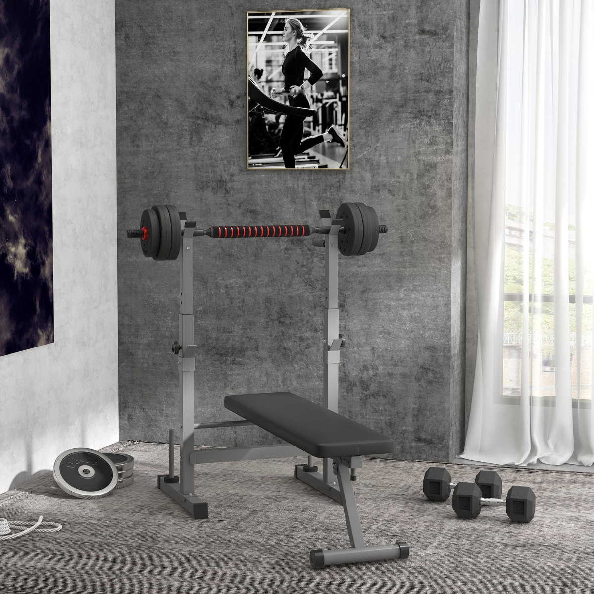 Adjustable Weight Bench Foldable with Barbell Rack and Dip Station HOMCOM