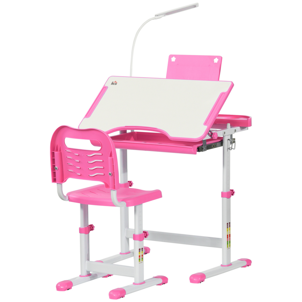 Kids Study Desk and Chair Set w/ Adjustable Height, Storage Drawer - Pink